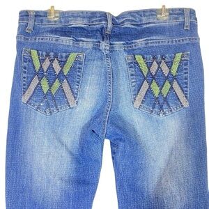 Moto Blues women's size 15/16 denim 5 pocket embroidered flare jeans